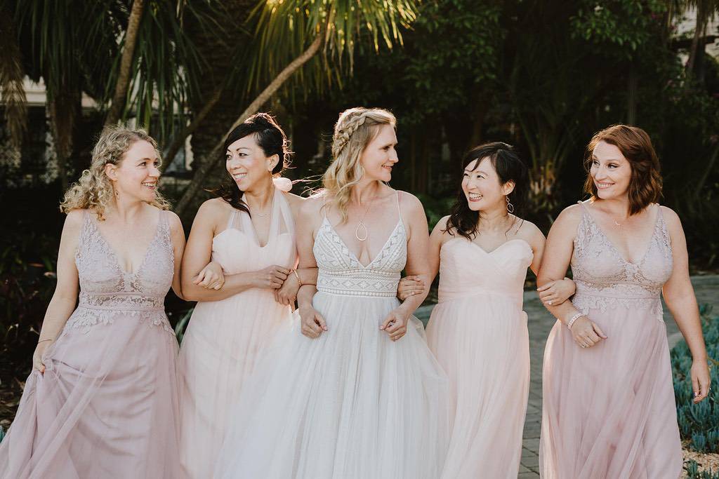 bridal party in pink dresses
