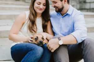 Central Park Manhattan engaged couple with dog