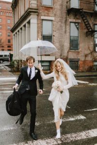 DUMBO Rainy day wedding couple
