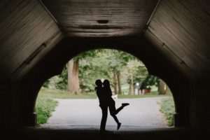 Central Park engaged couple silhouette