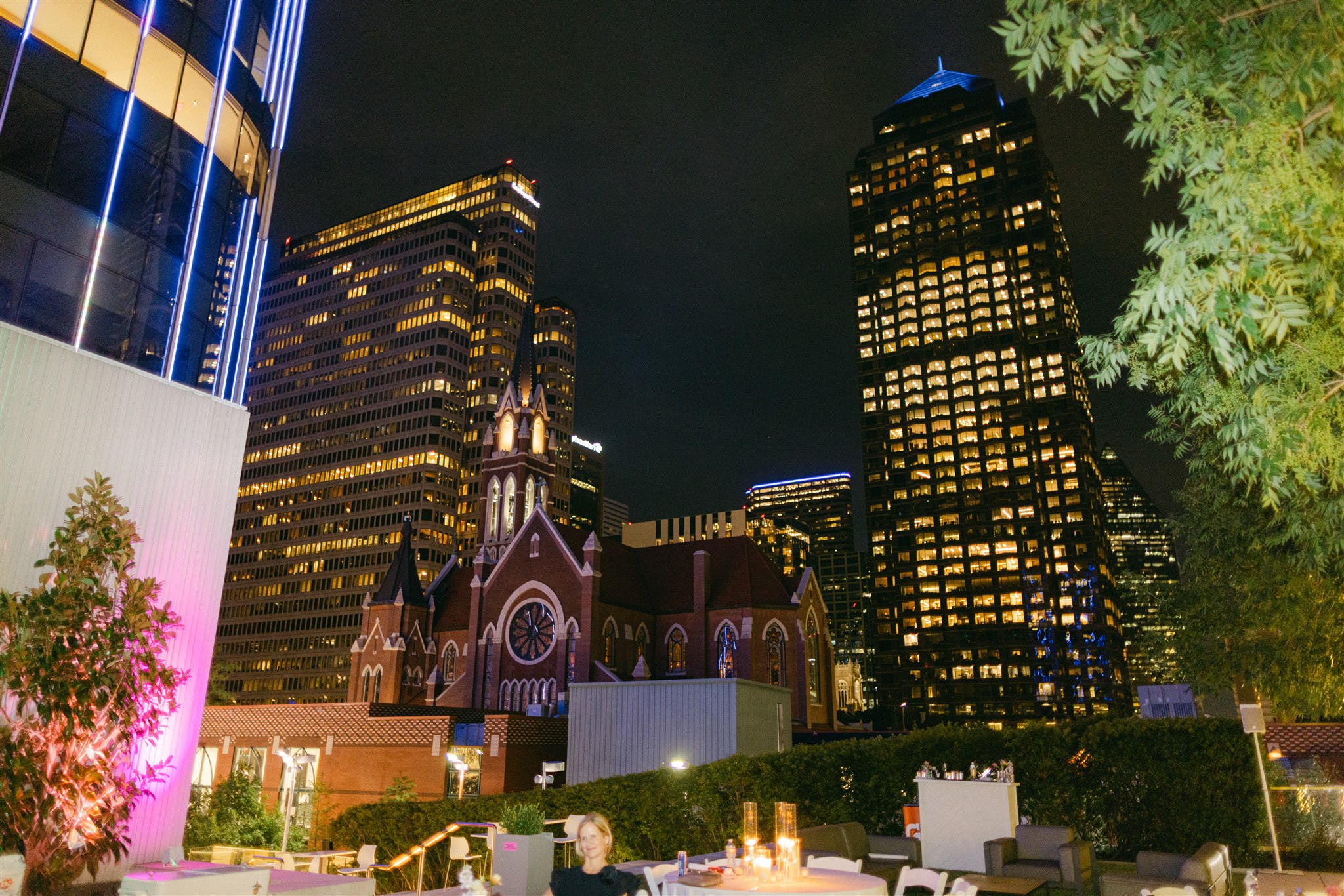 night view of the dallas cathedral of Guadalupe 