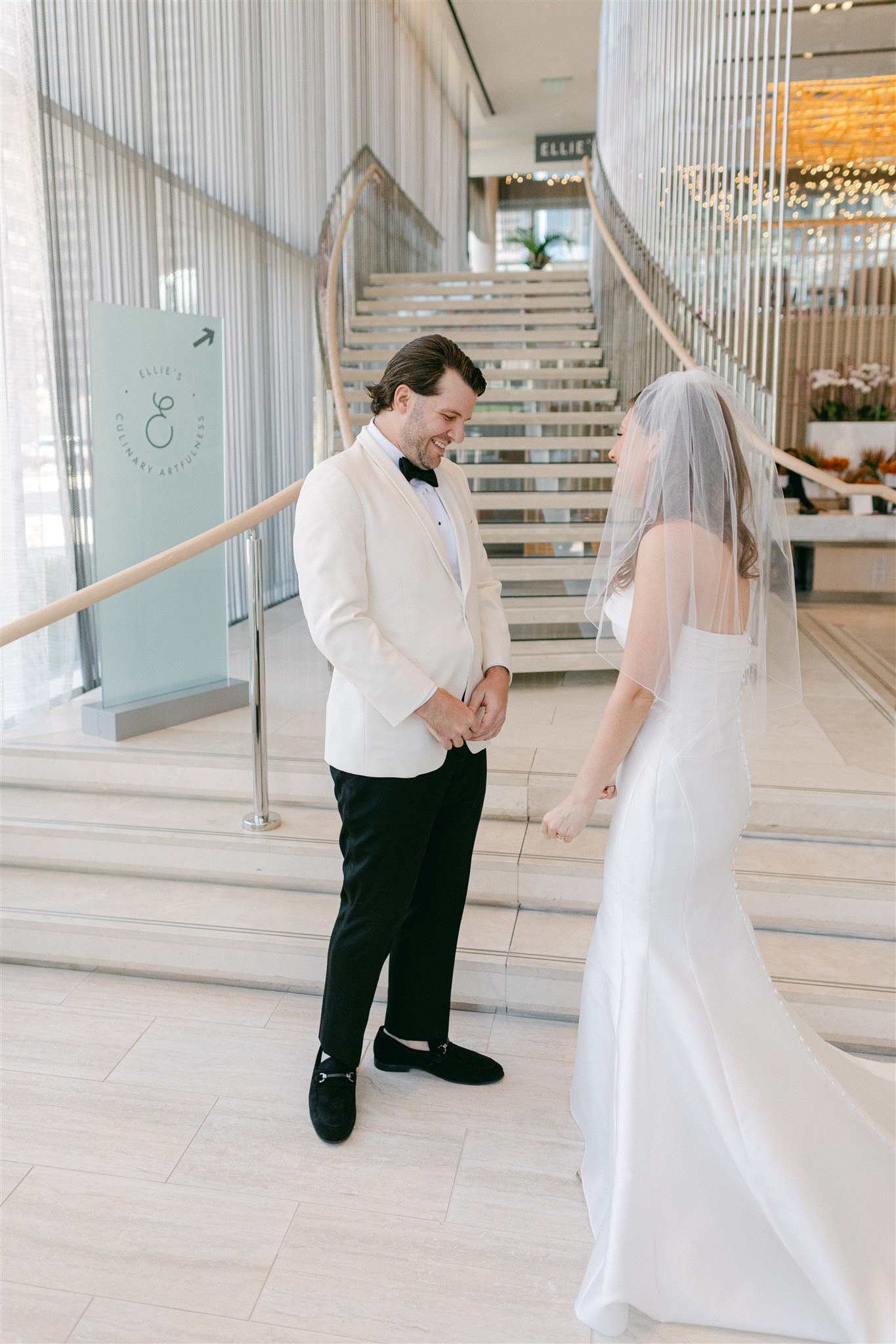 bride and groom first look at Hall Arts Hotel