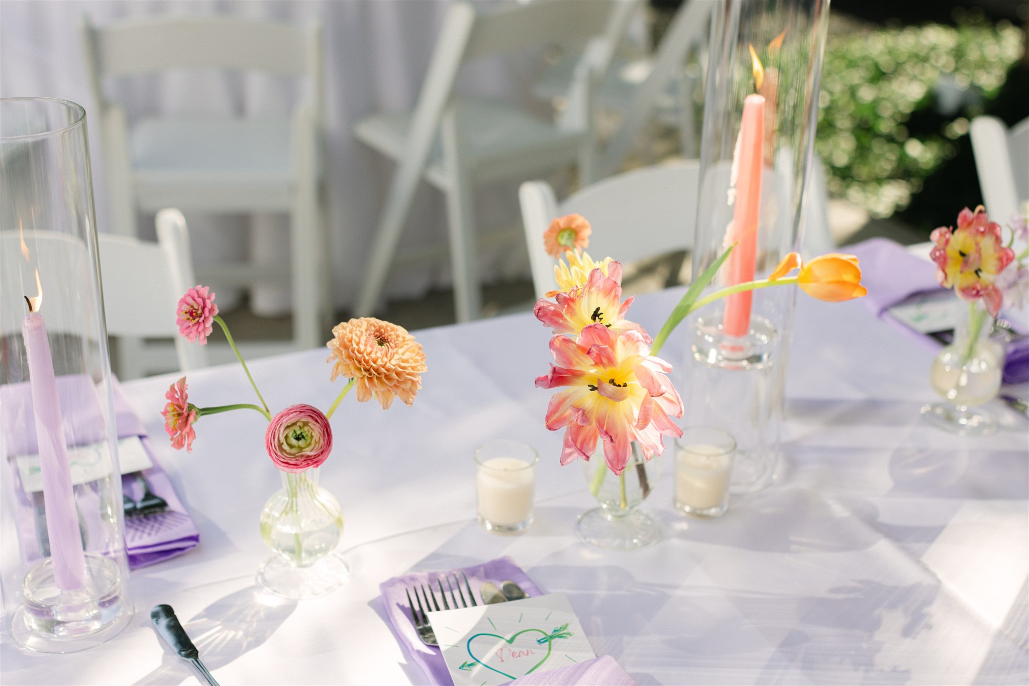 colorful bud vases for a wedding reception