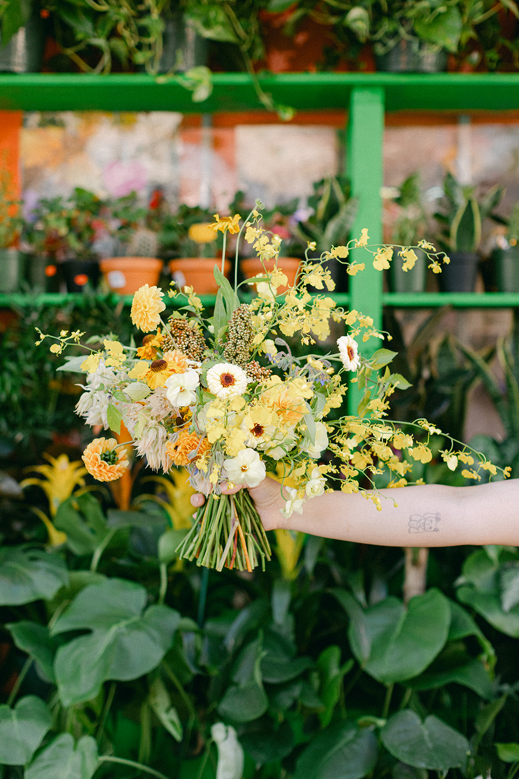 Yellow flower bouquet in front of green plants