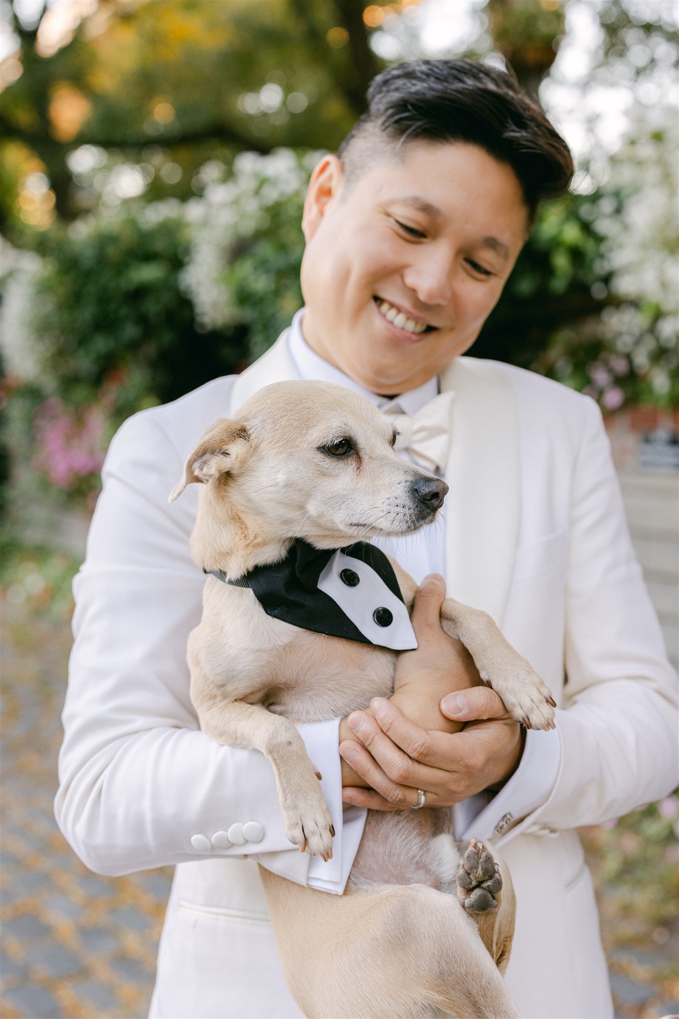 A groom in his cream suit with his dog in a tux for wedding portraits in NYC