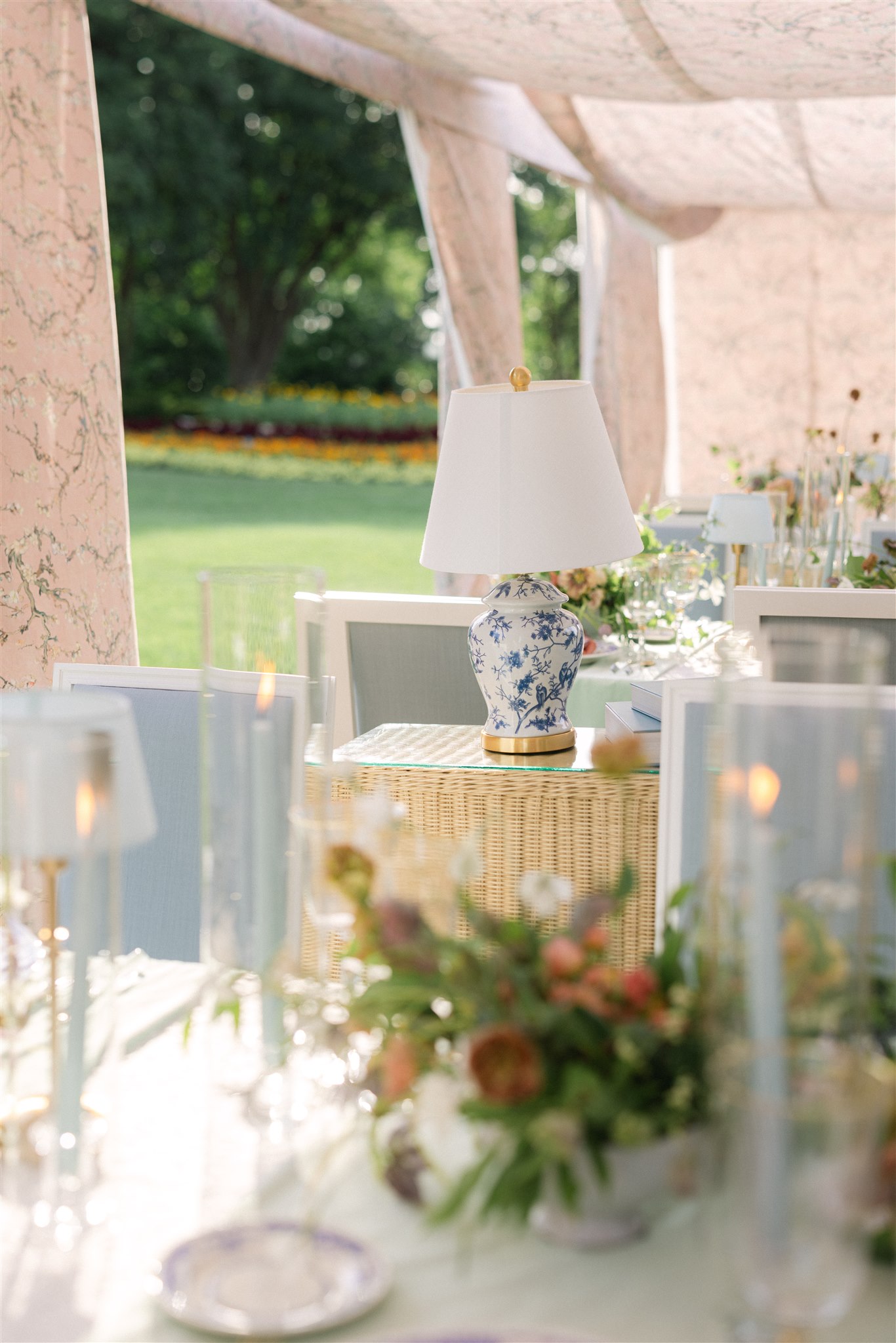 An elegant wedding reception table arrangement for a spring wedding at the dallas arboretum
