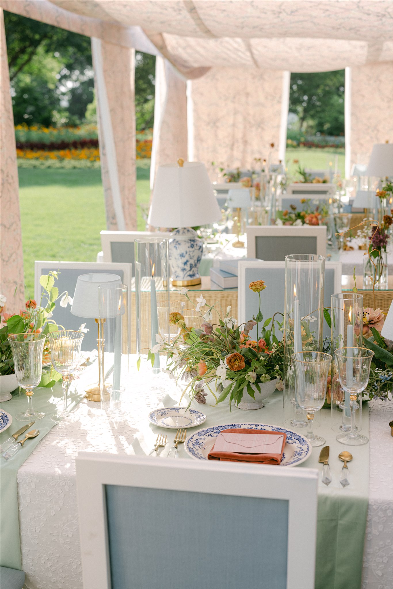 An elegant wedding reception table arrangement for a spring wedding at the dallas arboretum