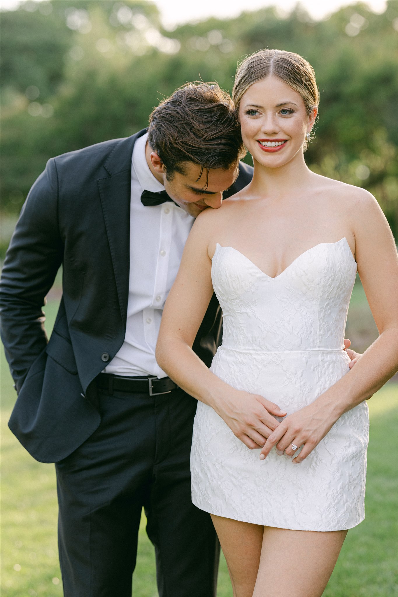 Bride and groom golden hour portraits during a wedding reception