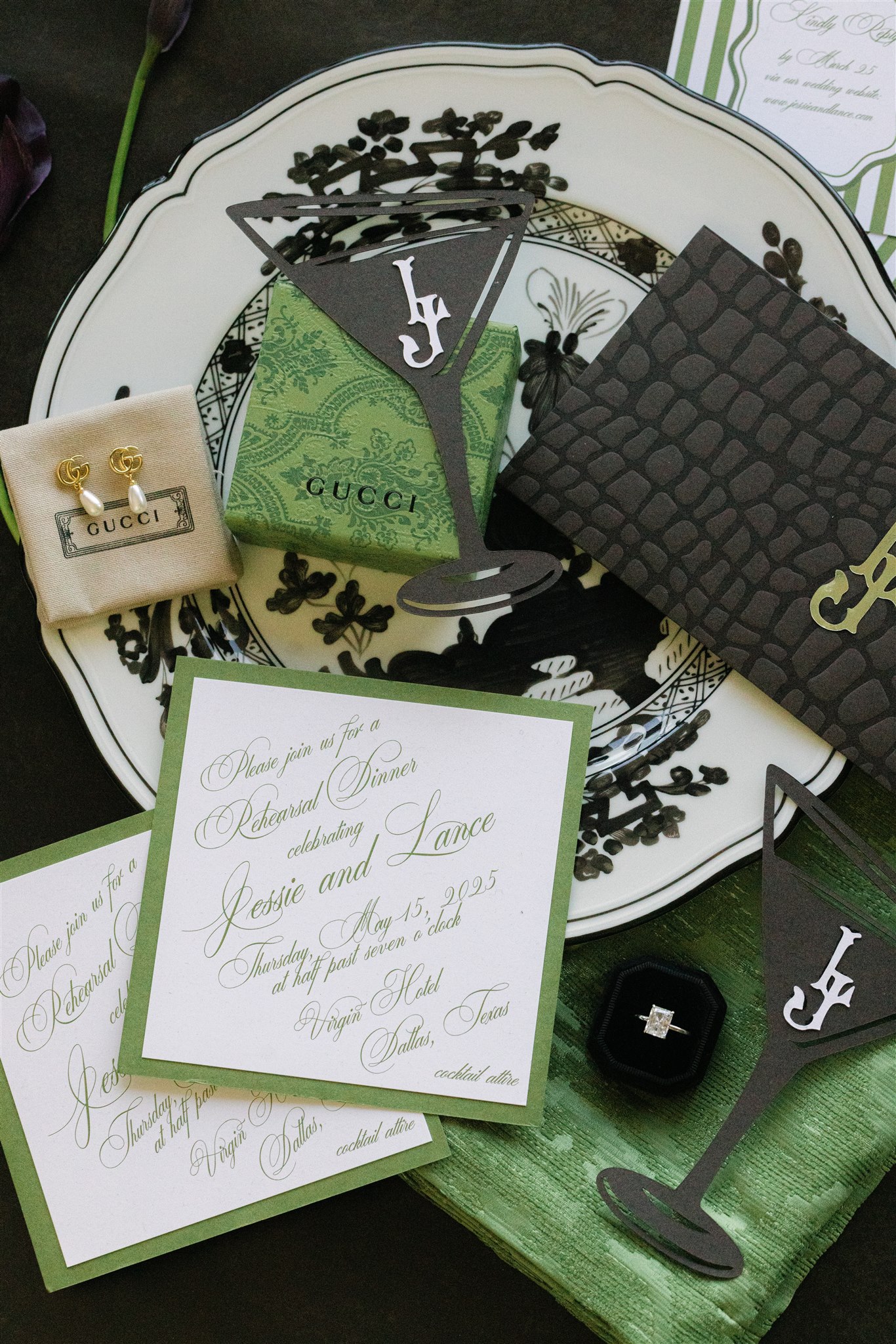 rehearsal dinner invitations for a wedding weekend with the rehearsal dinner at virgin hotels dallas with a martini theme and gucci accents