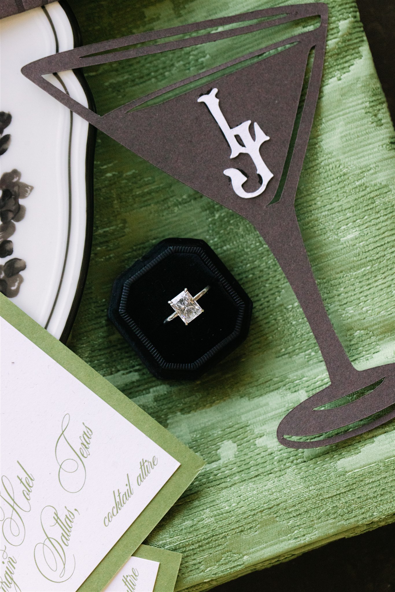 Martini inspired wedding invitations for a wedding flatlay