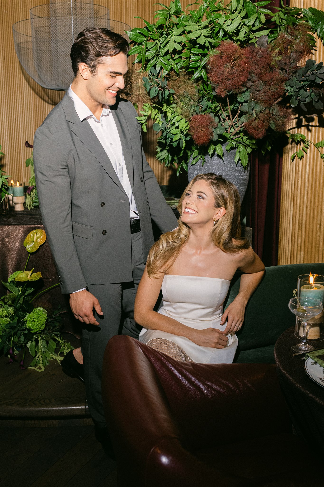 a couple at their rehearsal dinner at virgin hotels dallas