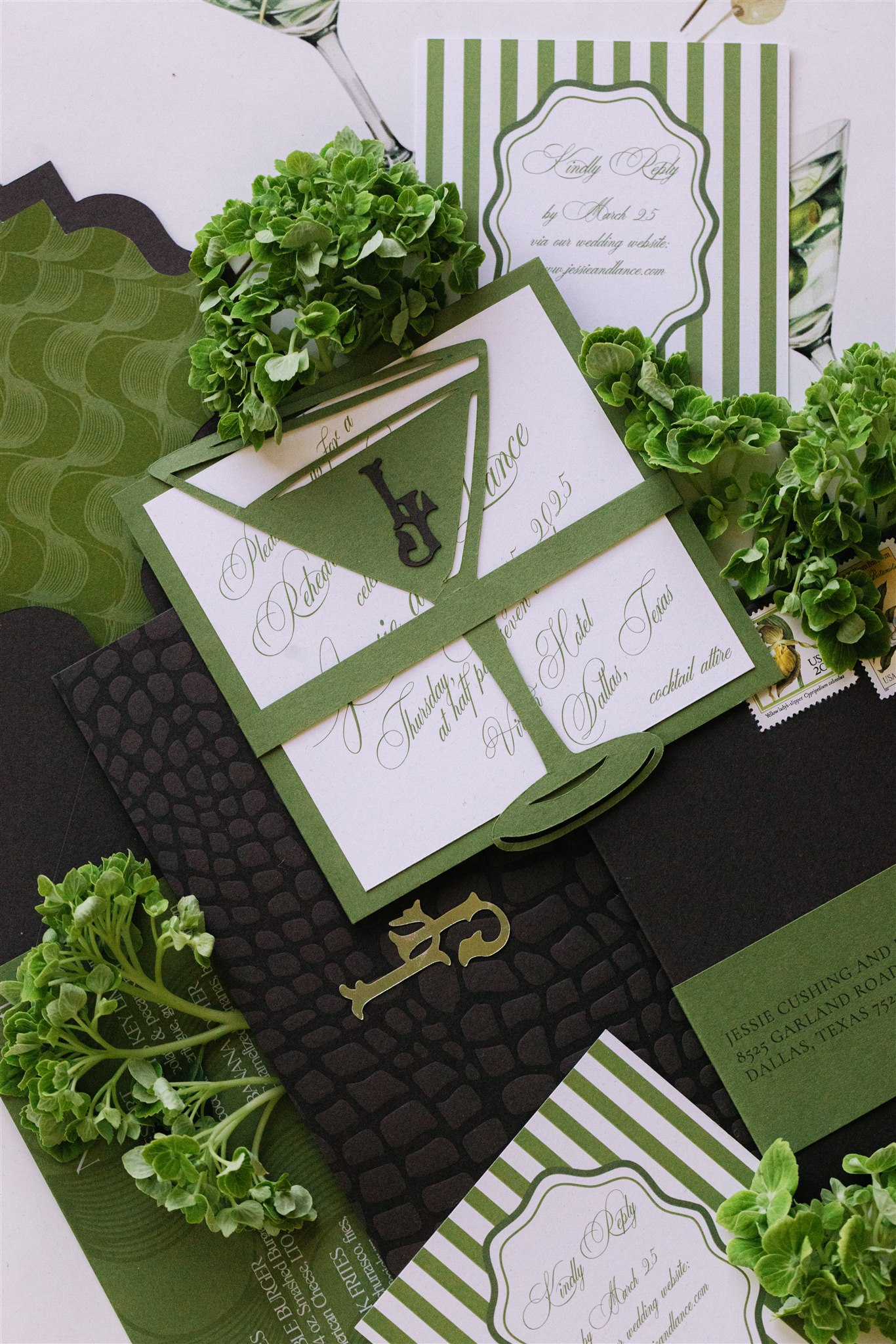 Martini inspired wedding invitations for a wedding flatlay