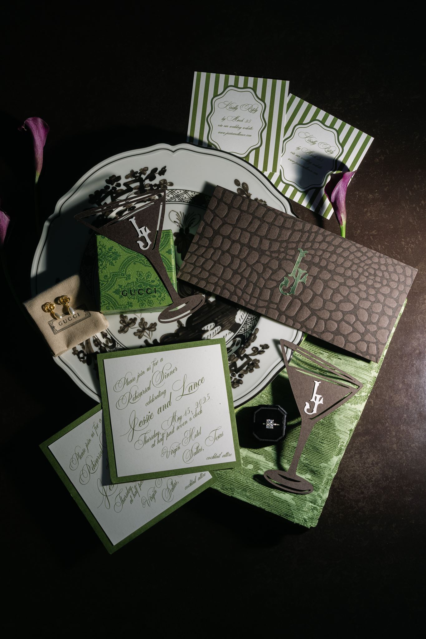 Moody wedding invitation suite for a featuring gucci earrings and green, maroon and brown accent colors