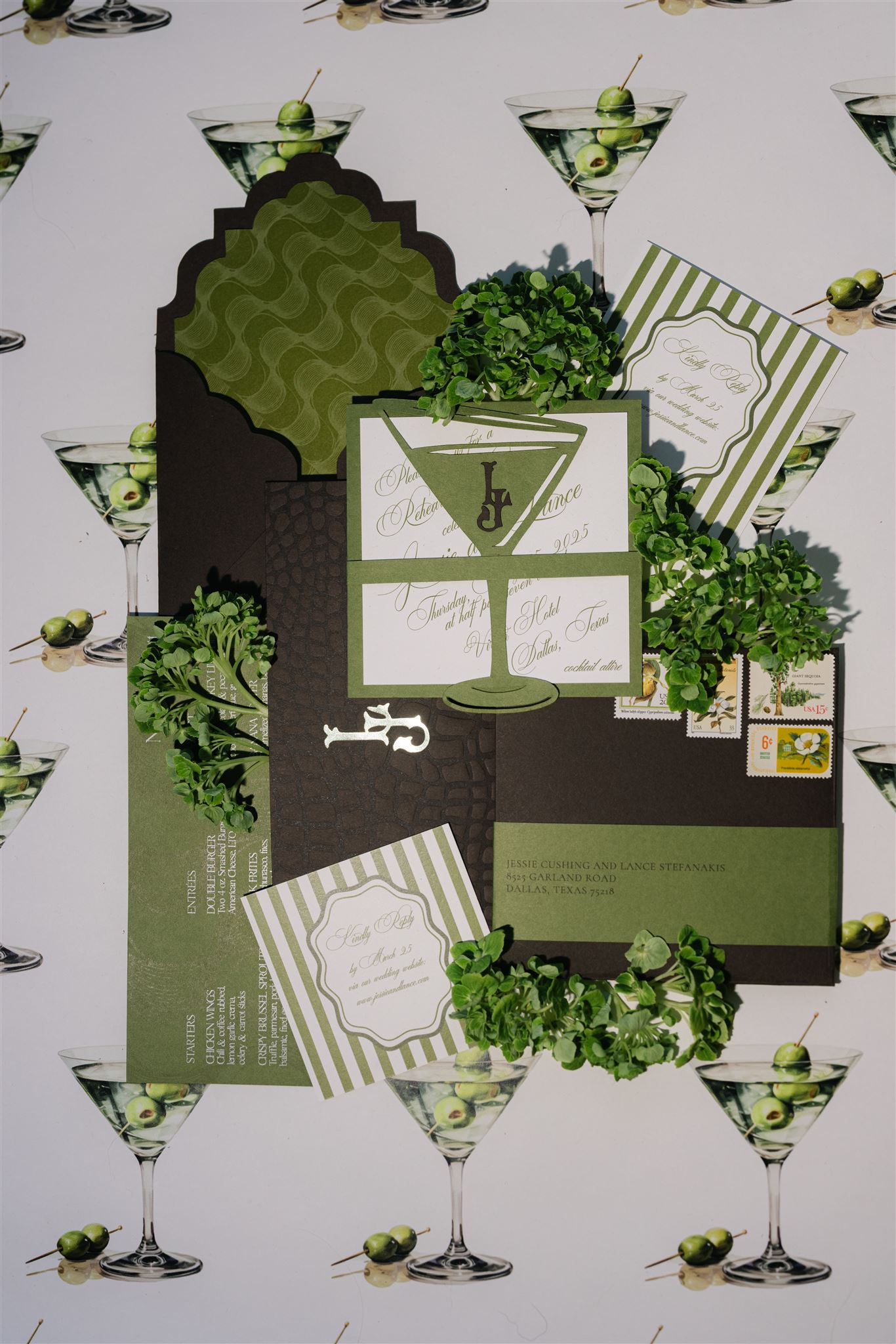 Martini inspired wedding invitations for a wedding flatlay