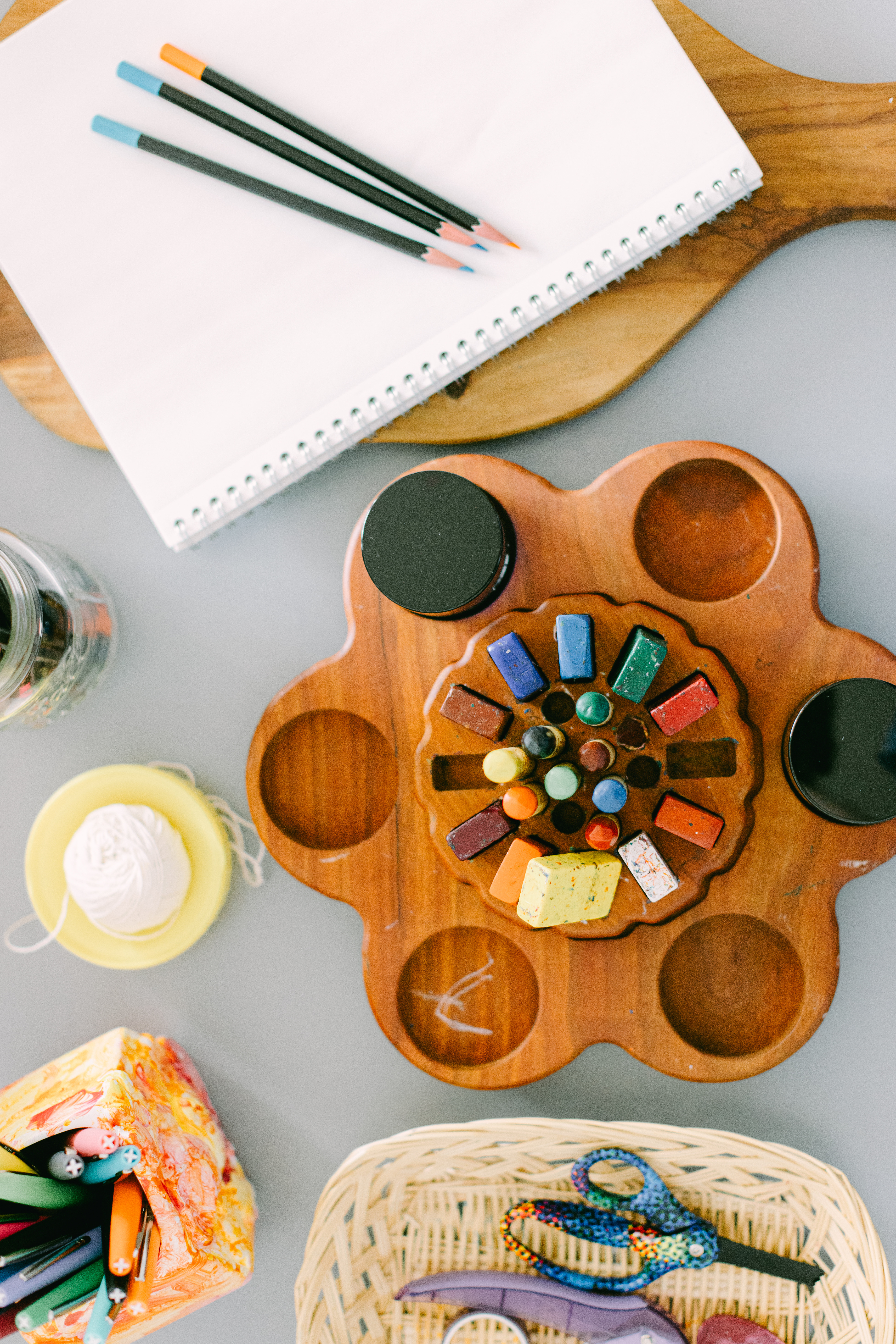 an overhead shot of art supplies