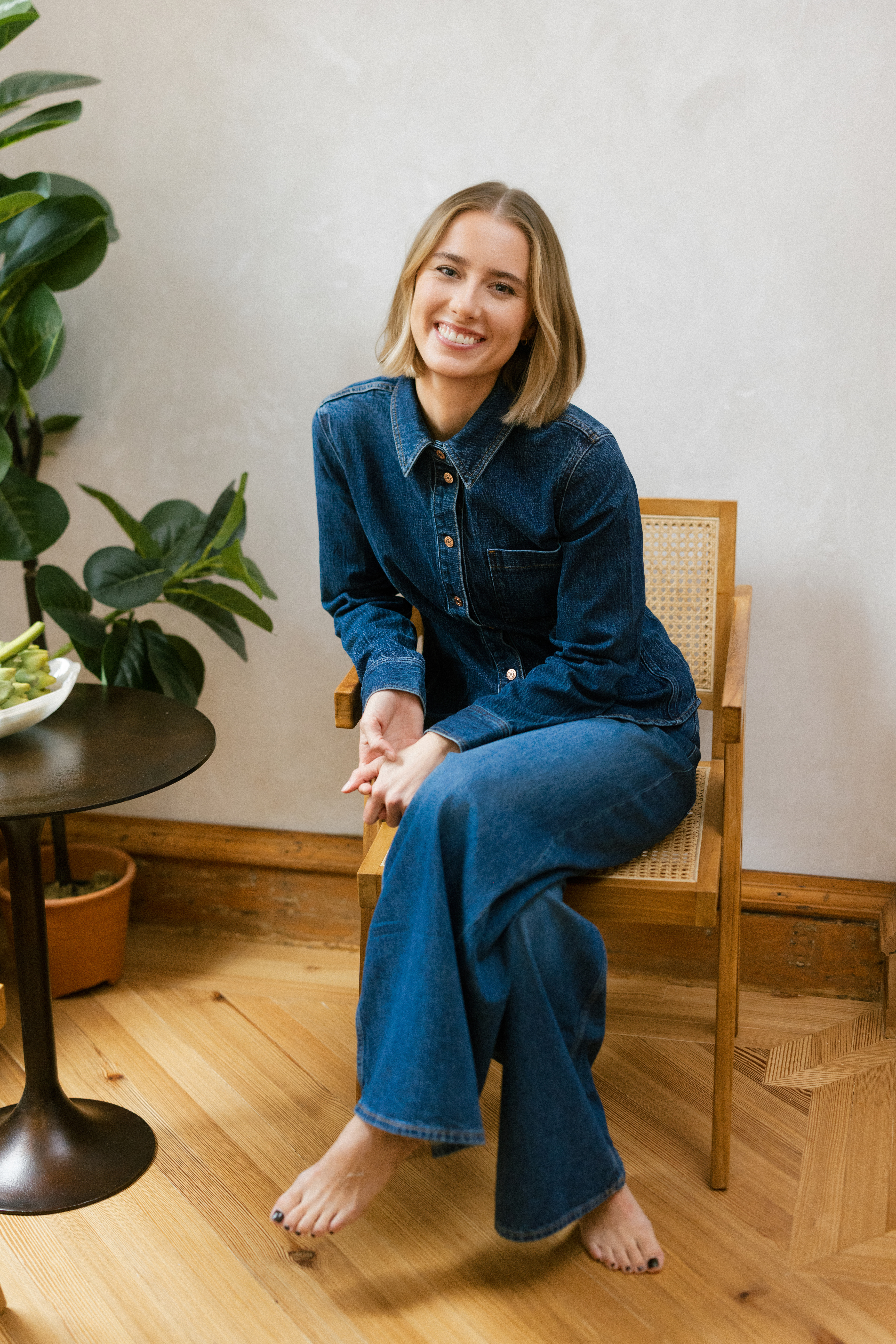 a girl wearing an all denim outfit for her brand photos in NYC