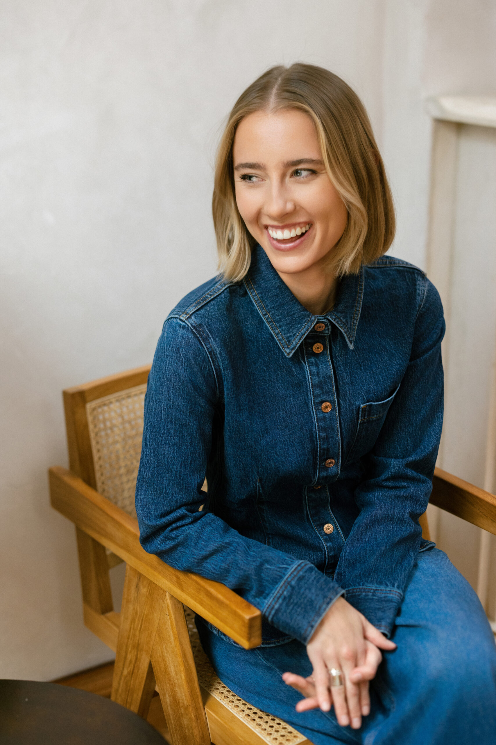 a nutritionist wearing an all denim outfit for her brand photos in NYC