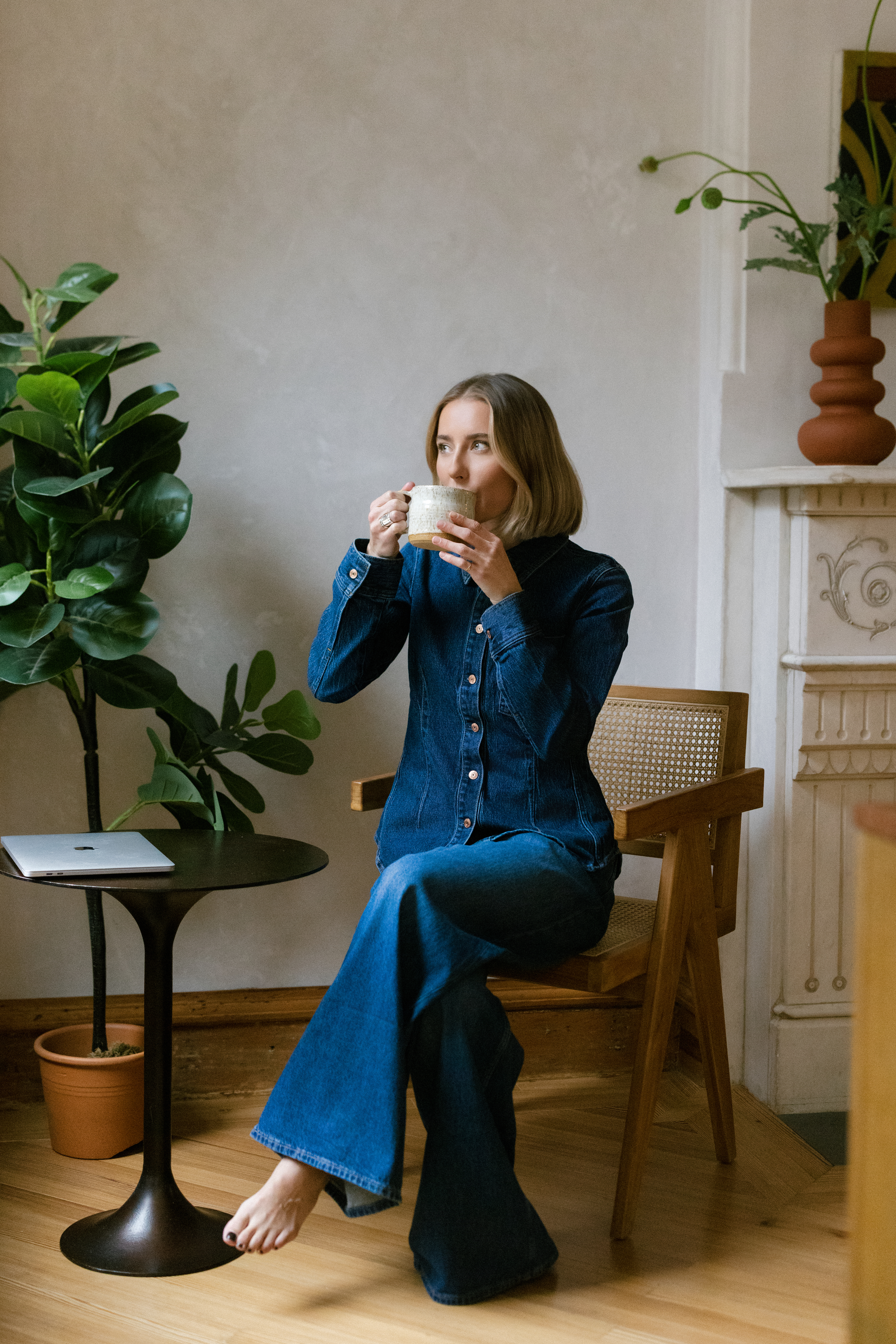 a nutritionist wearing an all denim outfit for her brand photos in NYC
