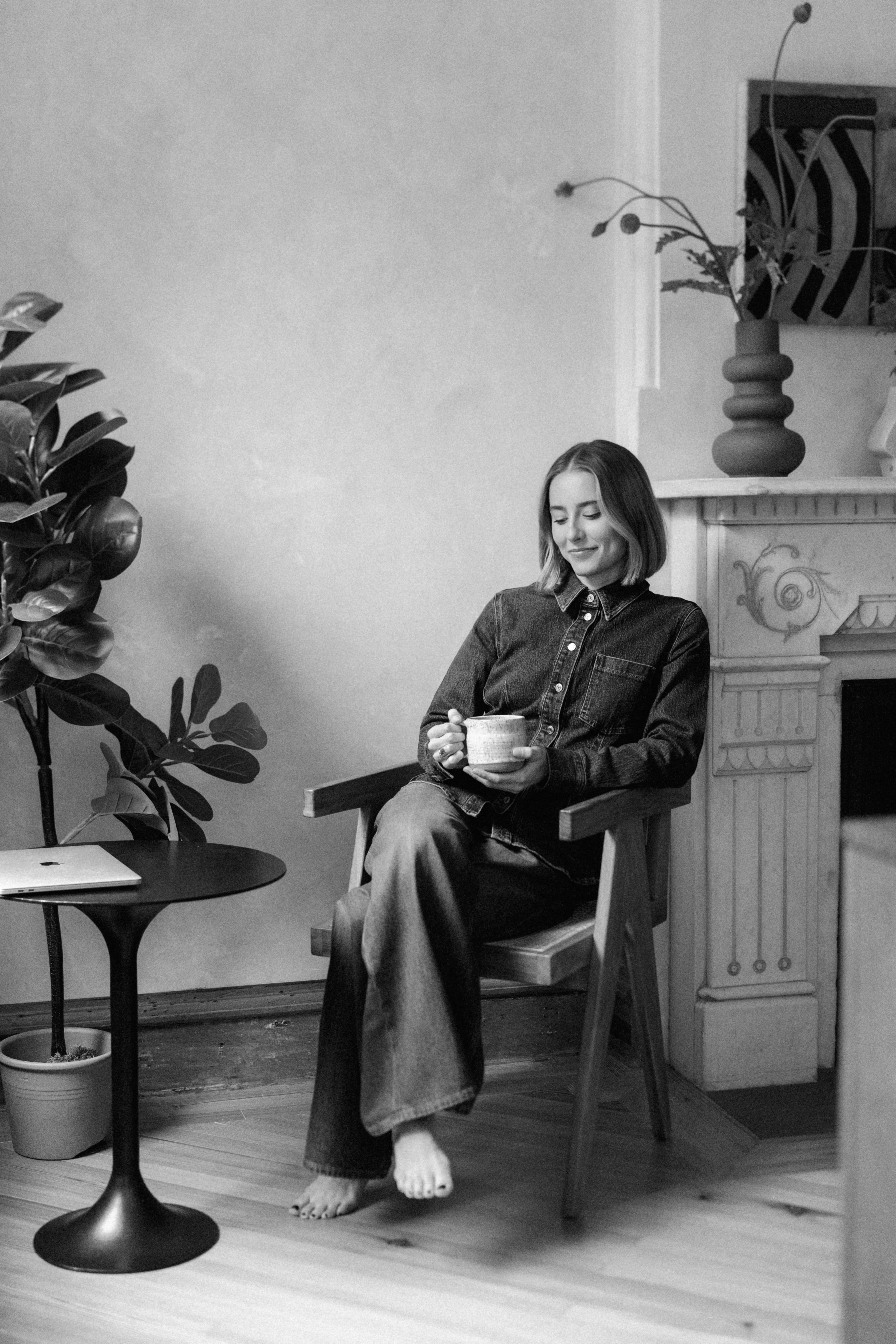 a nutritionist wearing an all denim outfit for her brand photos in NYC