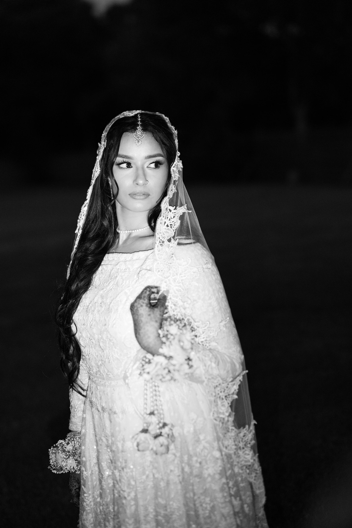 Black and white portrait of a bride