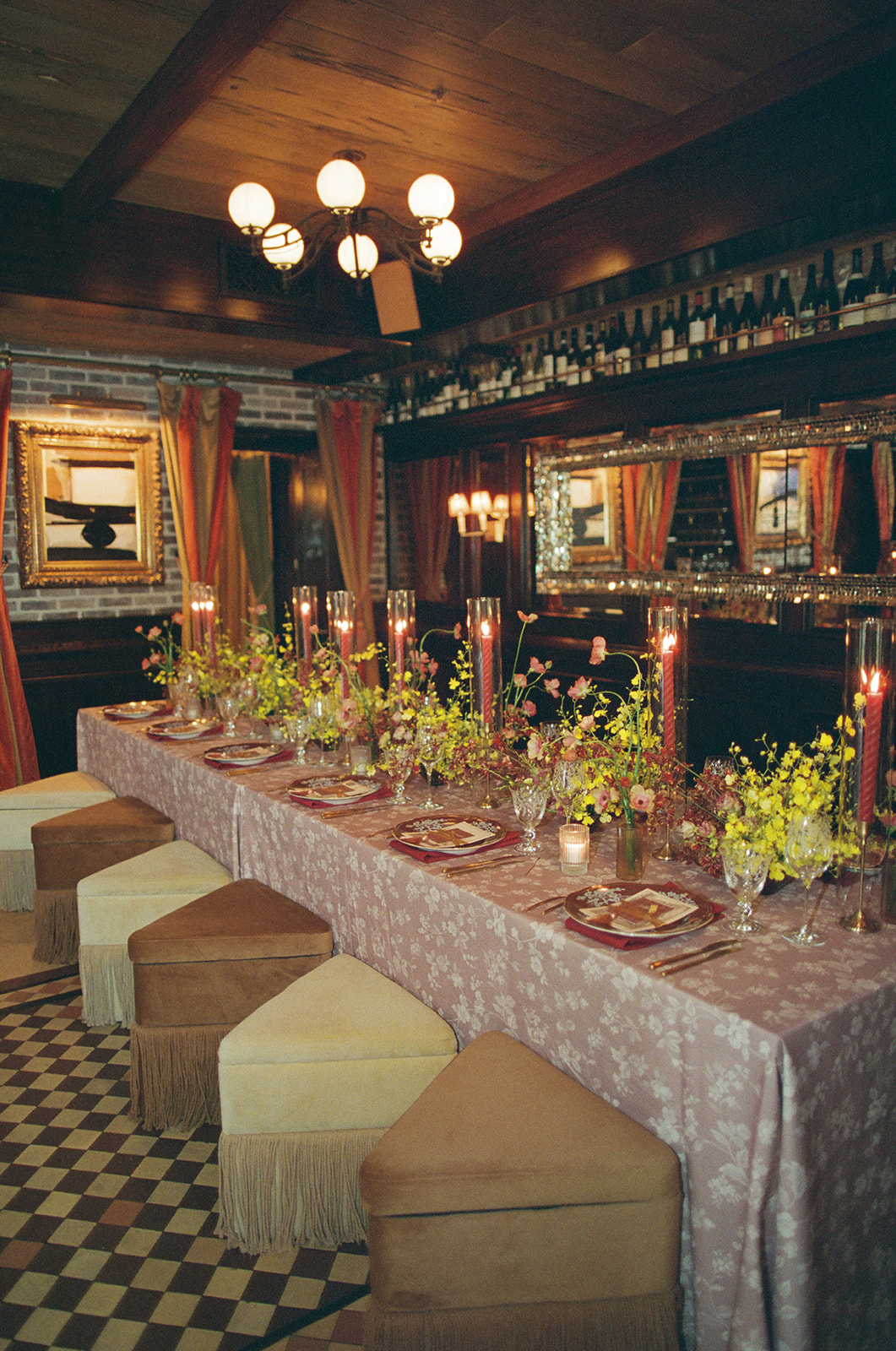 Welcome party table details for a wedding at Hotel Chelsea in Mahattan