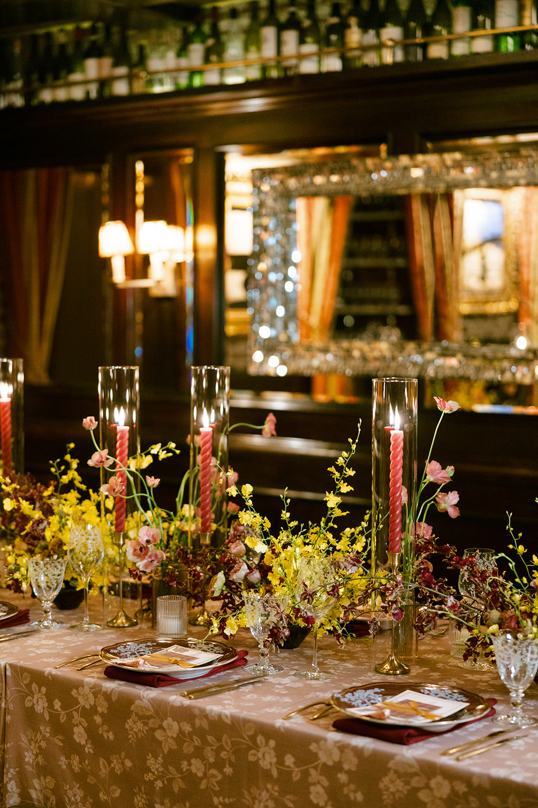 Welcome party table details for a wedding at Hotel Chelsea in Mahattan