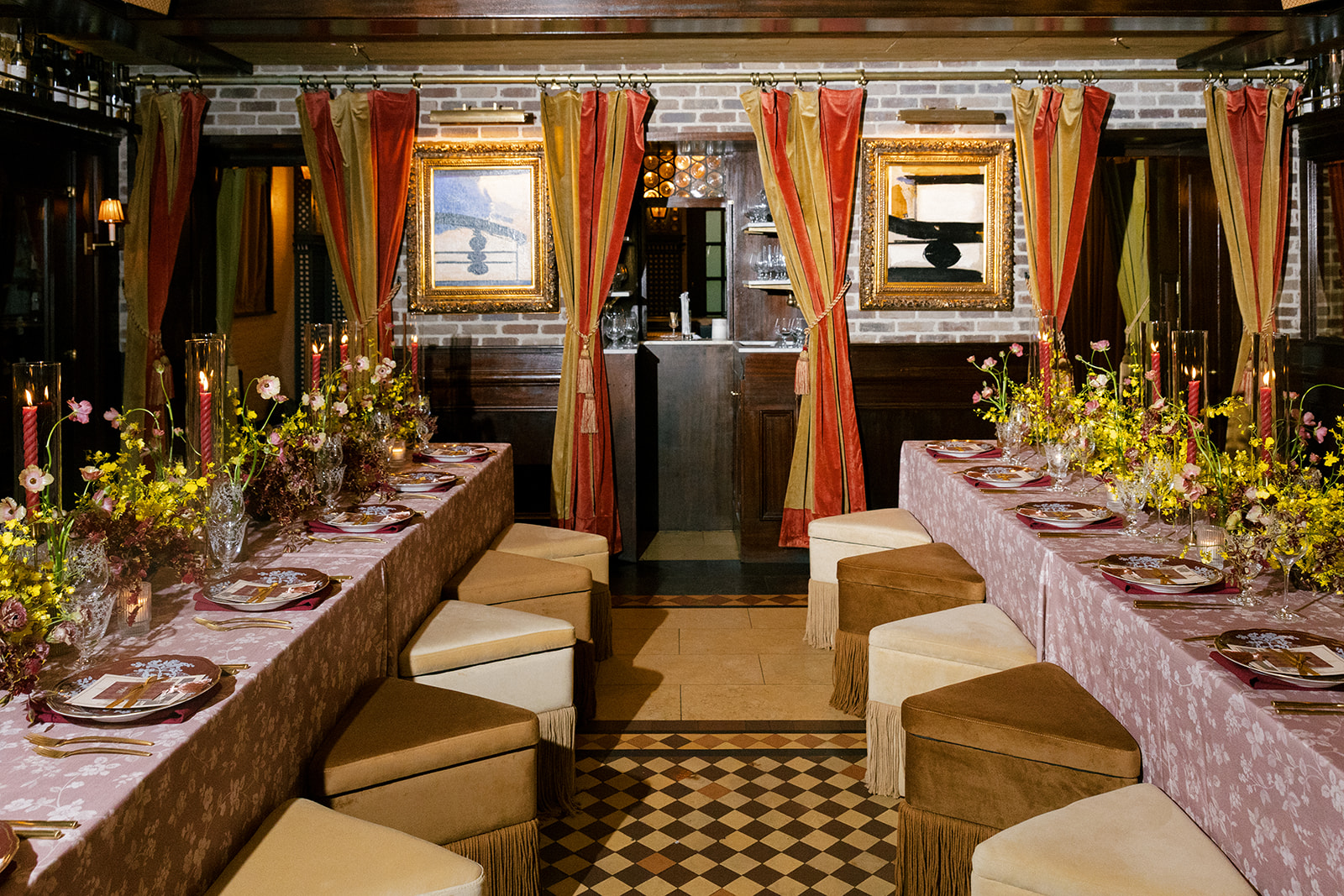 Welcome party table details for a wedding at Hotel Chelsea in Mahattan