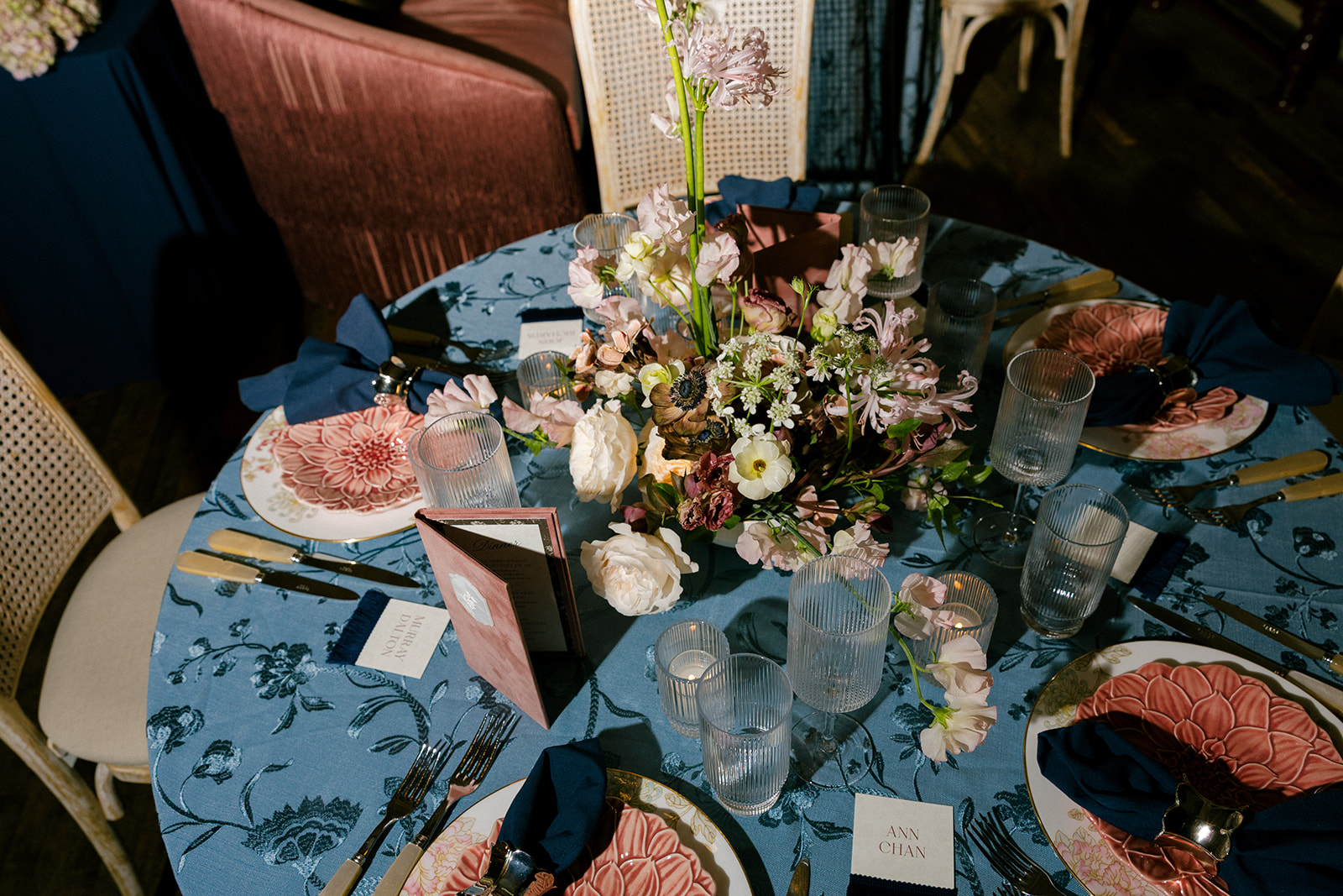 Luxury table setting for a wedding reception at Hotel Chelsea in Manhattan New York