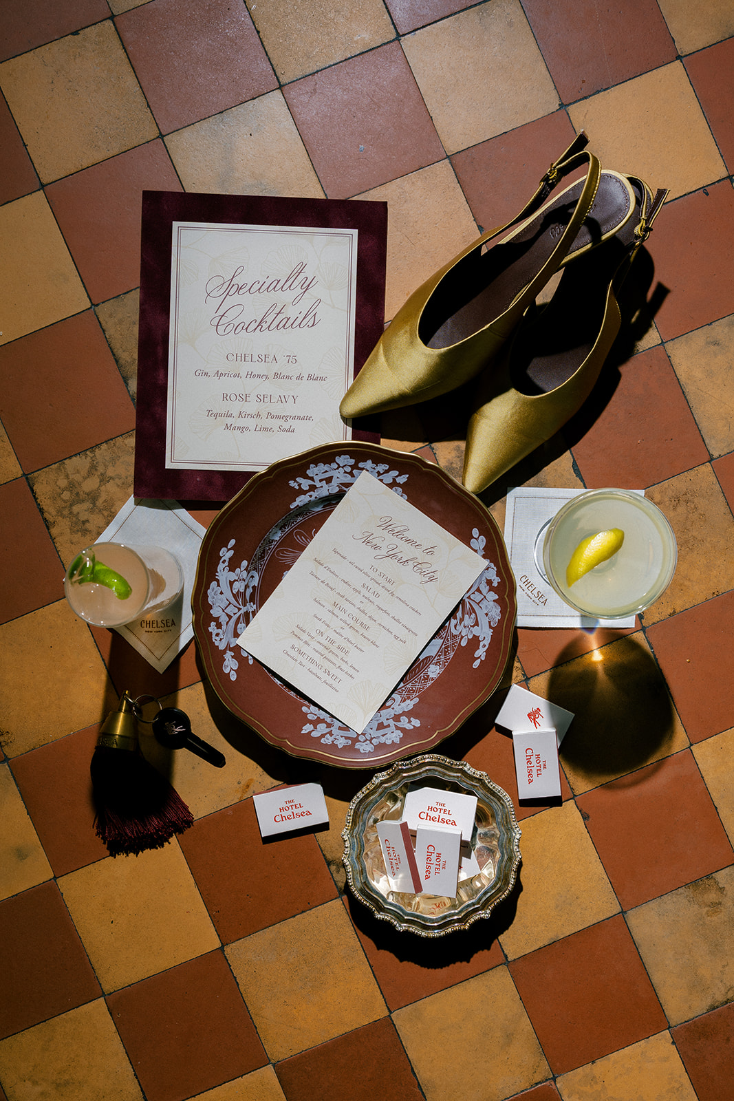 Wedding flat lay details for a luxury wedding at Hotel Chelsea in NYC